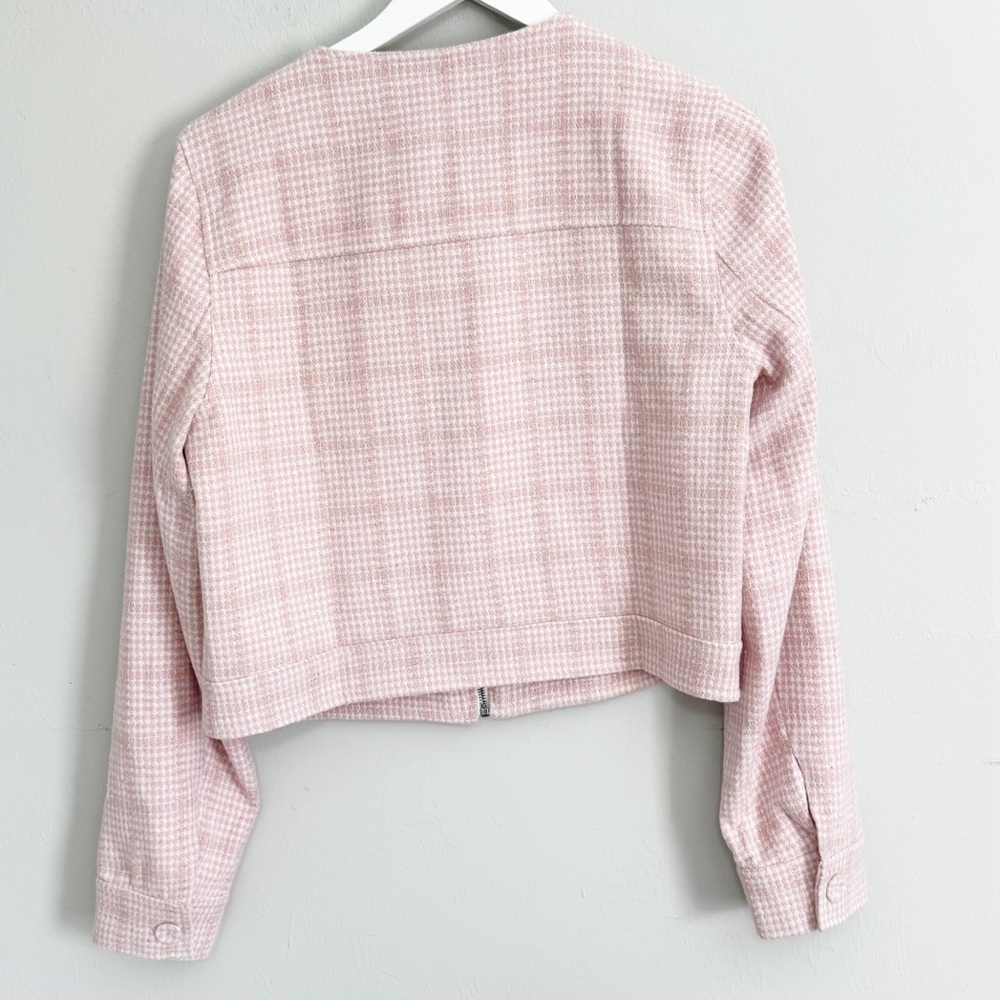 JACQUIE THE LABEL Women’s Pink White Tweed Bouclé Cropped Zip Jacket Size Large - Picture 3 of 8